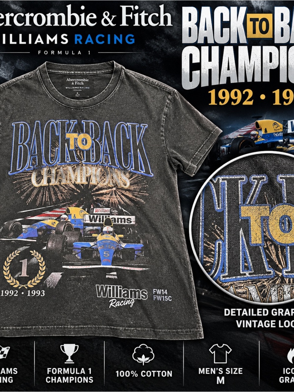 Abercrombie & Fitch Williams Racing F1 Back To Back Champions T Shirt M